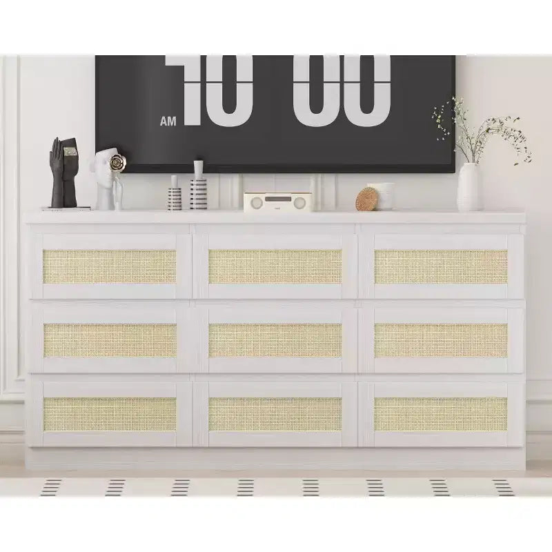 Commode en rotin à 9 tiroirs avec station de charge, commode de style ferme, large rangement pour placard, organisateur pour chambre, salon, entrée
