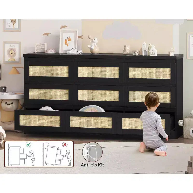 Commode en rotin à 9 tiroirs avec station de charge, commode de style ferme, large rangement pour placard, organisateur pour chambre, salon, entrée