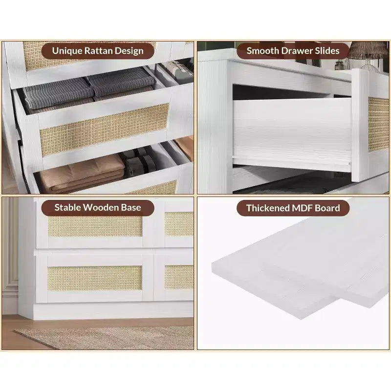 Commode en rotin à 9 tiroirs avec station de charge, commode de style ferme, large rangement pour placard, organisateur pour chambre, salon, entrée