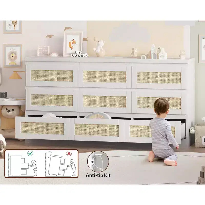 Commode en rotin à 9 tiroirs avec station de charge, commode de style ferme, large rangement pour placard, organisateur pour chambre, salon, entrée