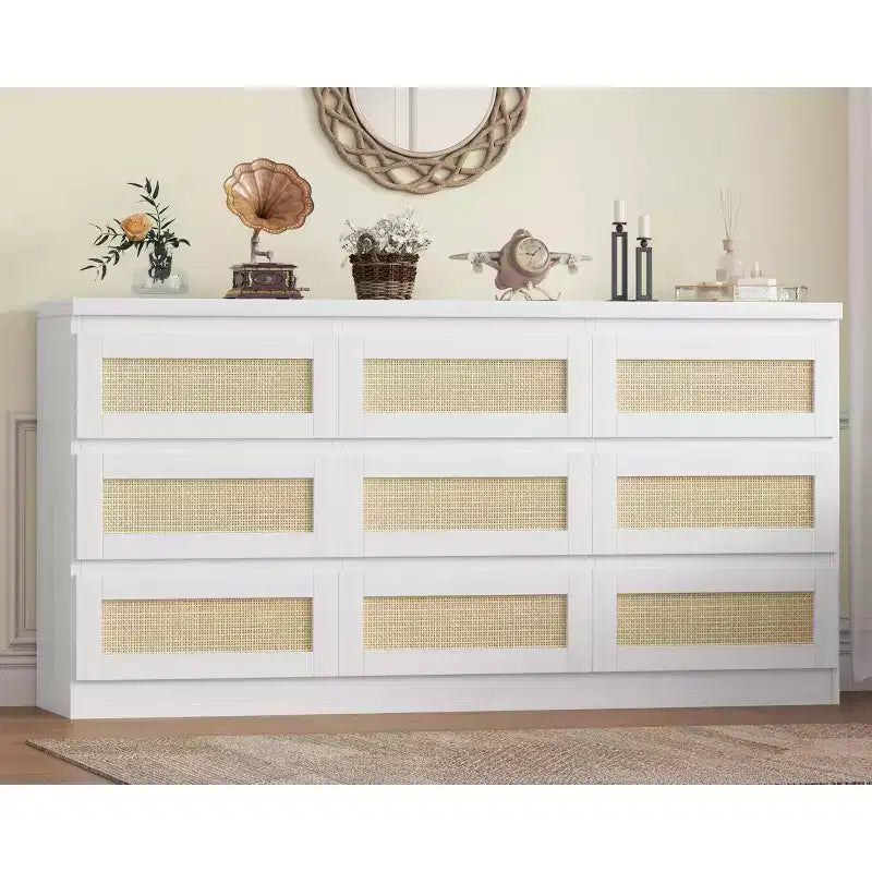 Rieten commode met 9 lades en oplaadstation, landelijke ladekast, brede kastopberger voor slaapkamer, woonkamer, hal