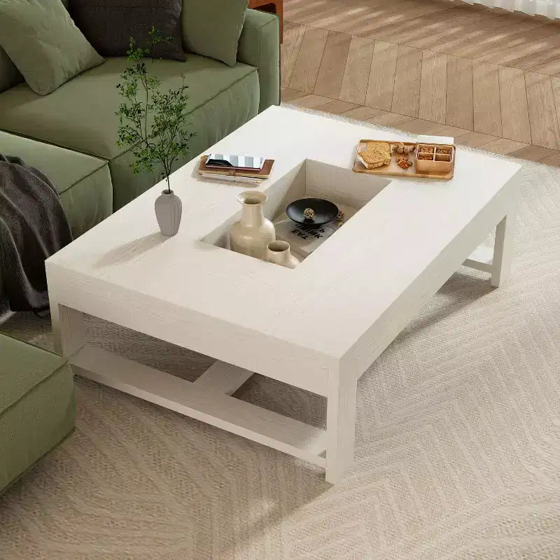 Tavolino da caffè moderno con vano portaoggetti integrato, finitura effetto legno bianco, portata 80 kg