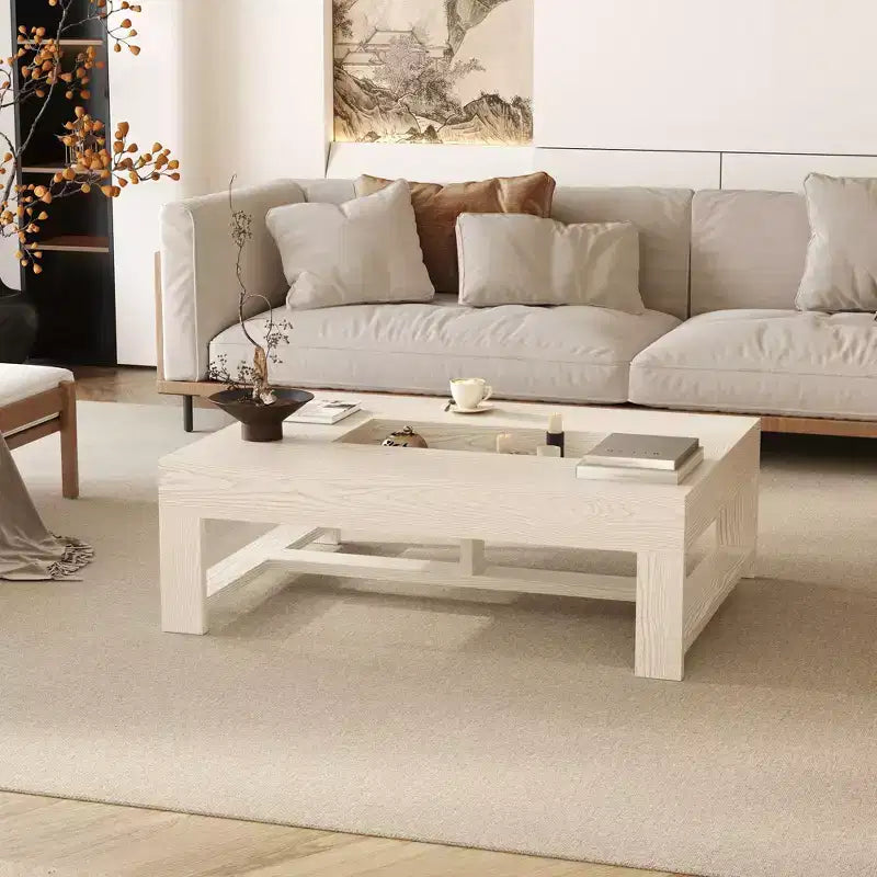 Tavolino da caffè moderno con vano portaoggetti integrato, finitura effetto legno bianco, portata 80 kg
