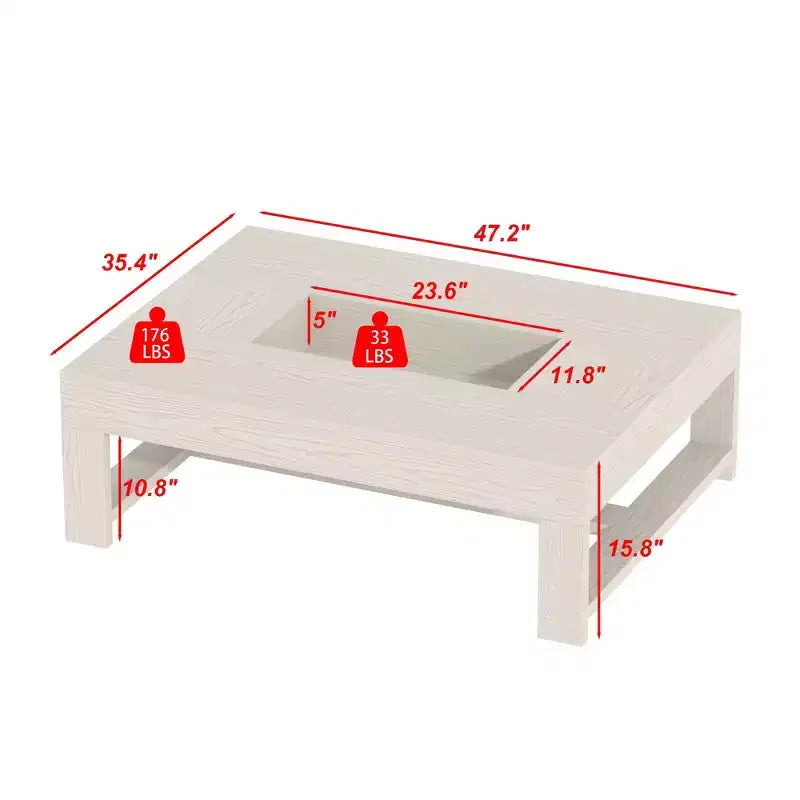 Tavolino da caffè moderno con vano portaoggetti integrato, finitura effetto legno bianco, portata 80 kg