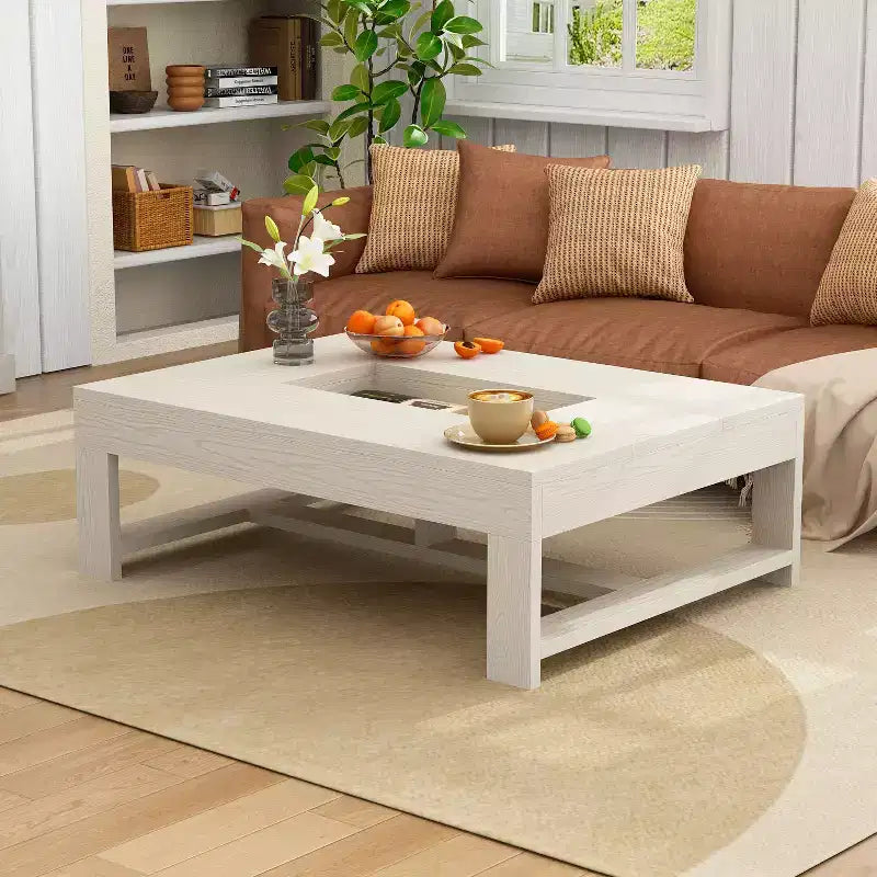 Tavolino da caffè moderno con vano portaoggetti integrato, finitura effetto legno bianco, portata 80 kg