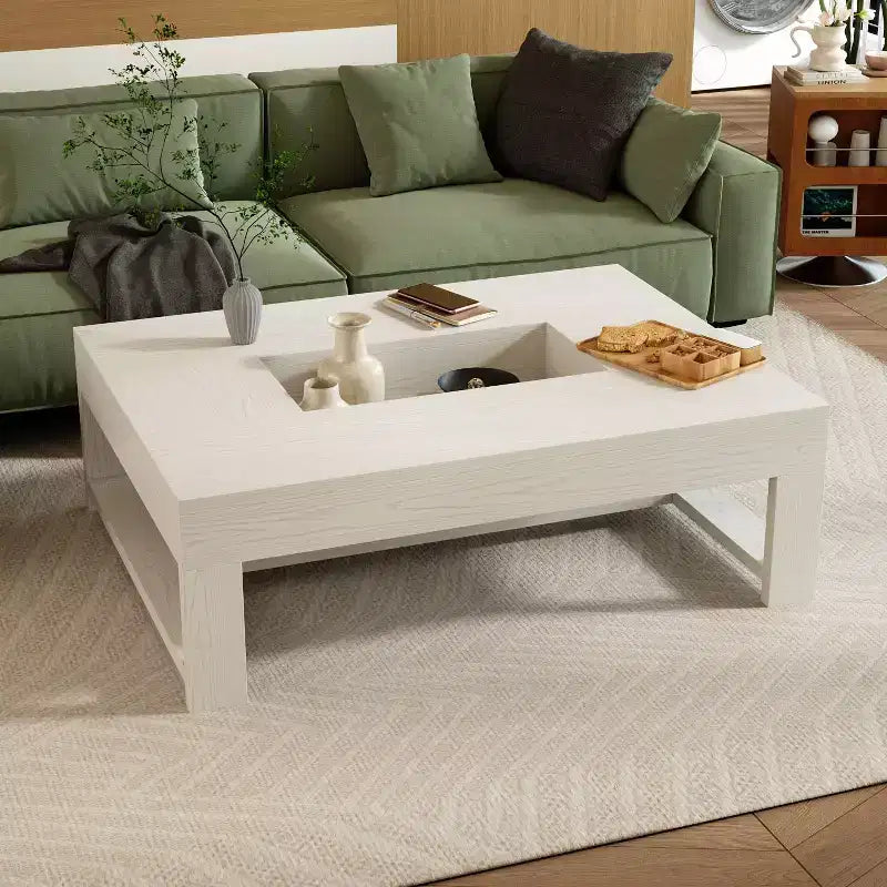 Tavolino da caffè moderno con vano portaoggetti integrato, finitura effetto legno bianco, portata 80 kg