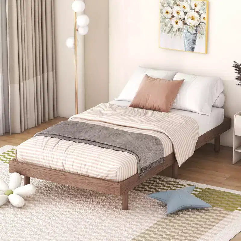 Floating Platform Bed with Thickened Slats, Solid Wood Bed Frame without Headboard for Bedroom