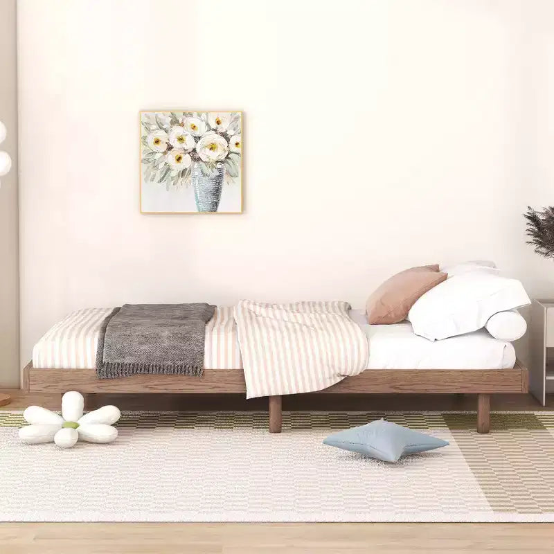 Floating Platform Bed with Thickened Slats, Solid Wood Bed Frame without Headboard for Bedroom
