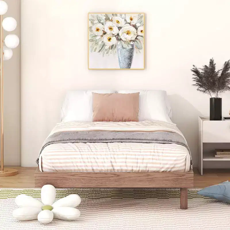 Floating Platform Bed with Thickened Slats, Solid Wood Bed Frame without Headboard for Bedroom