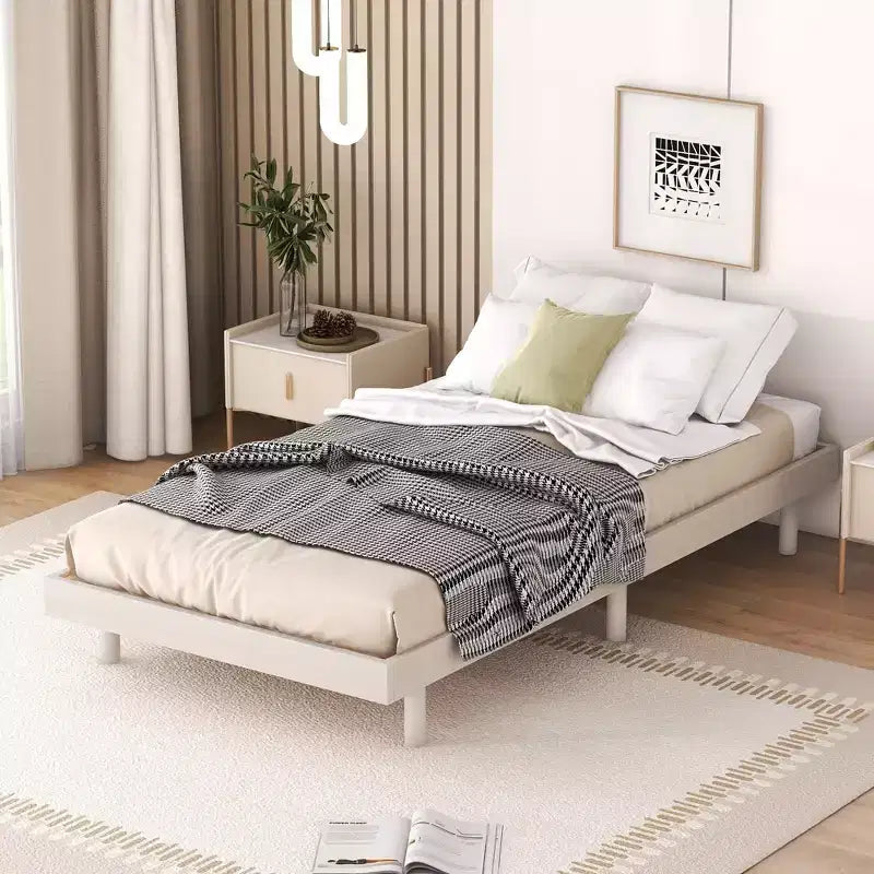 Floating Platform Bed with Thickened Slats, Solid Wood Bed Frame without Headboard for Bedroom