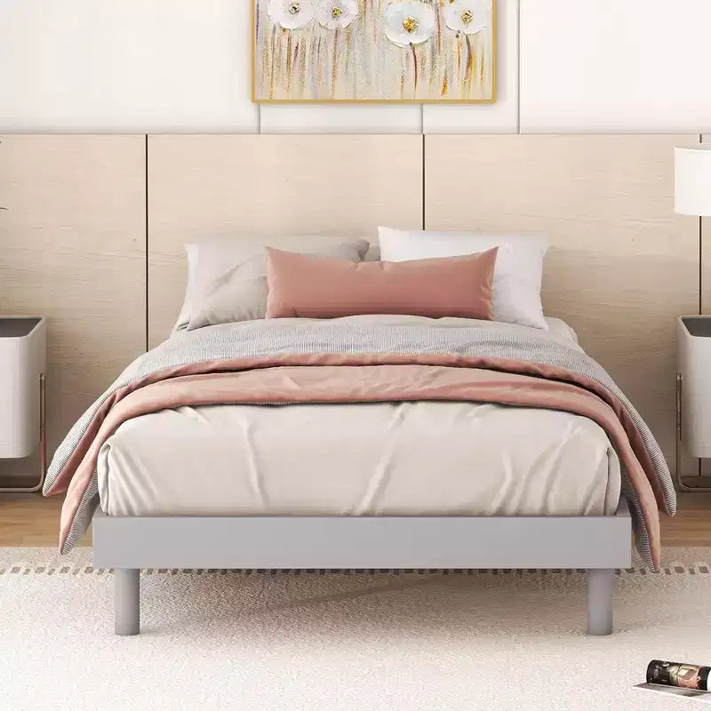 Floating Platform Bed with Thickened Slats, Solid Wood Bed Frame without Headboard for Bedroom