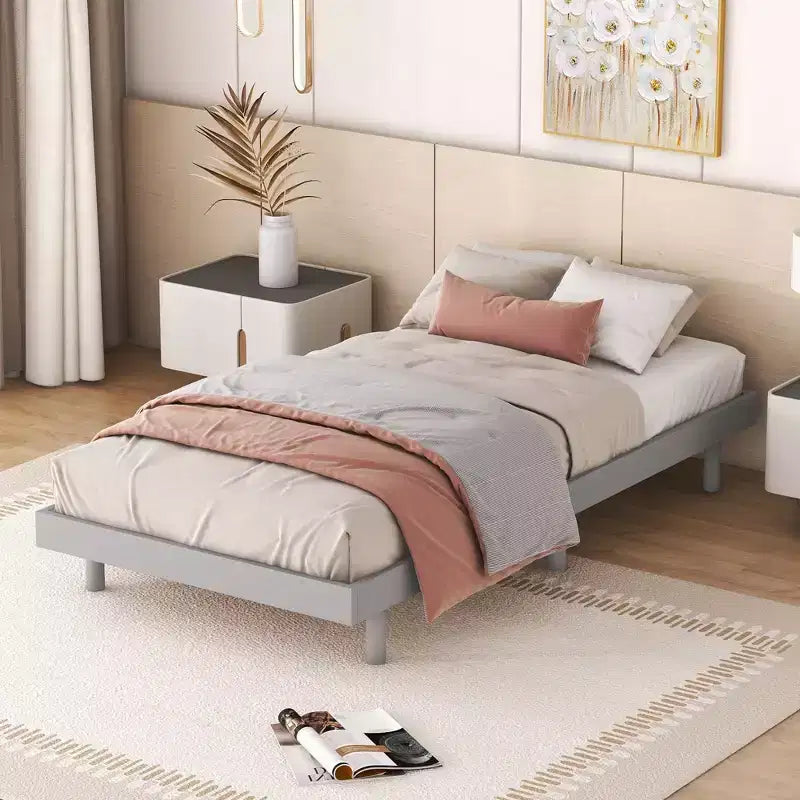 Floating Platform Bed with Thickened Slats, Solid Wood Bed Frame without Headboard for Bedroom