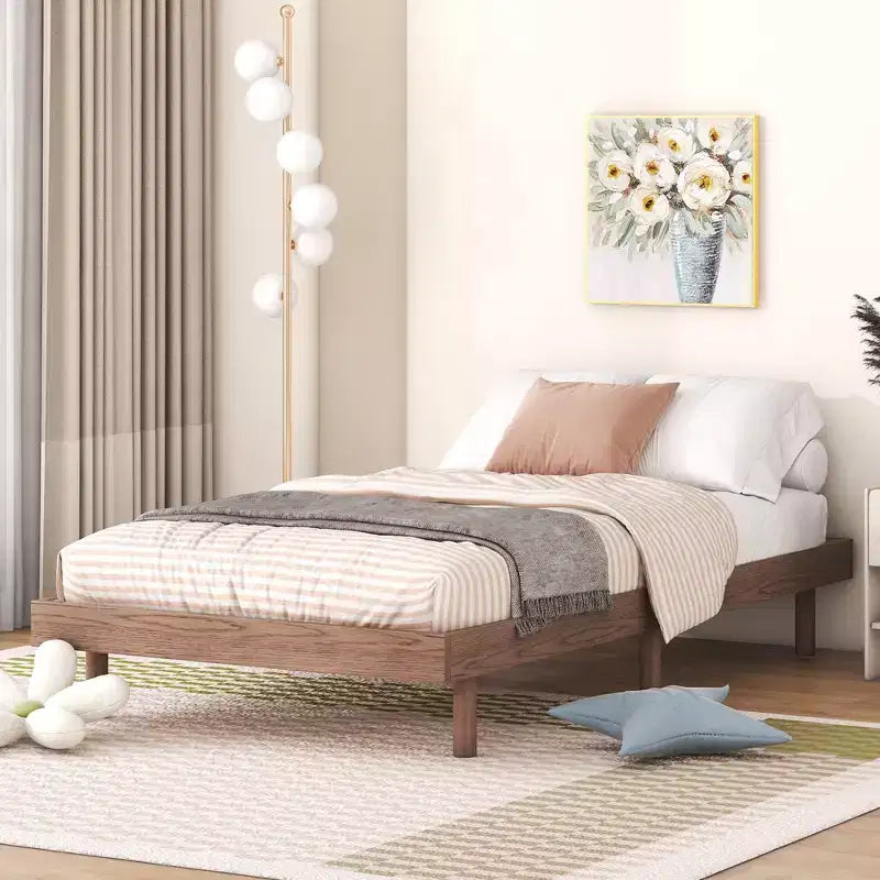 Floating Platform Bed with Thickened Slats, Solid Wood Bed Frame without Headboard for Bedroom