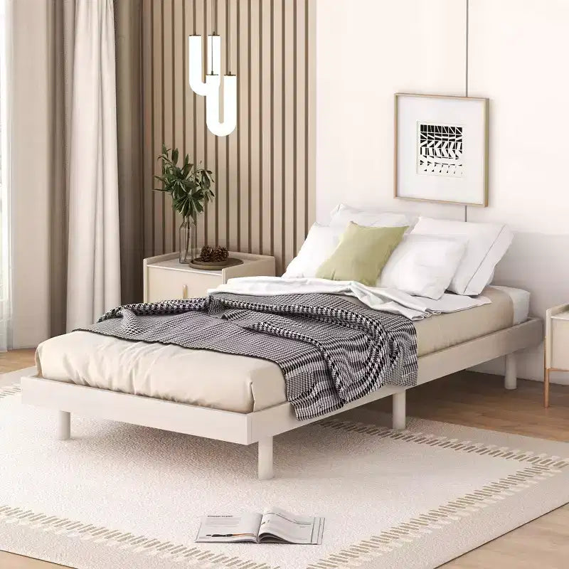 Floating Platform Bed with Thickened Slats, Solid Wood Bed Frame without Headboard for Bedroom