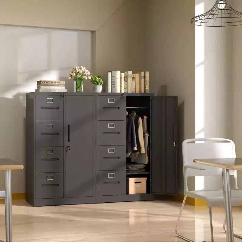 Armadio verticale in metallo con 4 cassetti e 1 anta con serratura, mobile archivio in acciaio nero per ufficio domestico/scuola/soggiorno