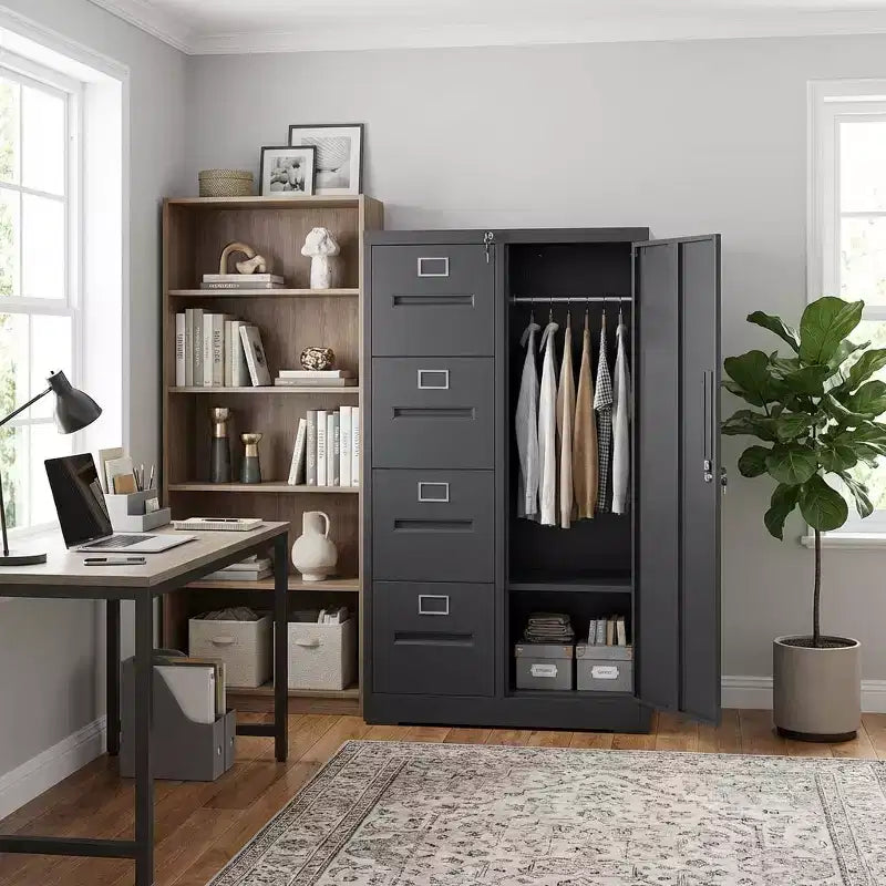 Armadio verticale in metallo con 4 cassetti e 1 anta con serratura, mobile archivio in acciaio nero per ufficio domestico/scuola/soggiorno