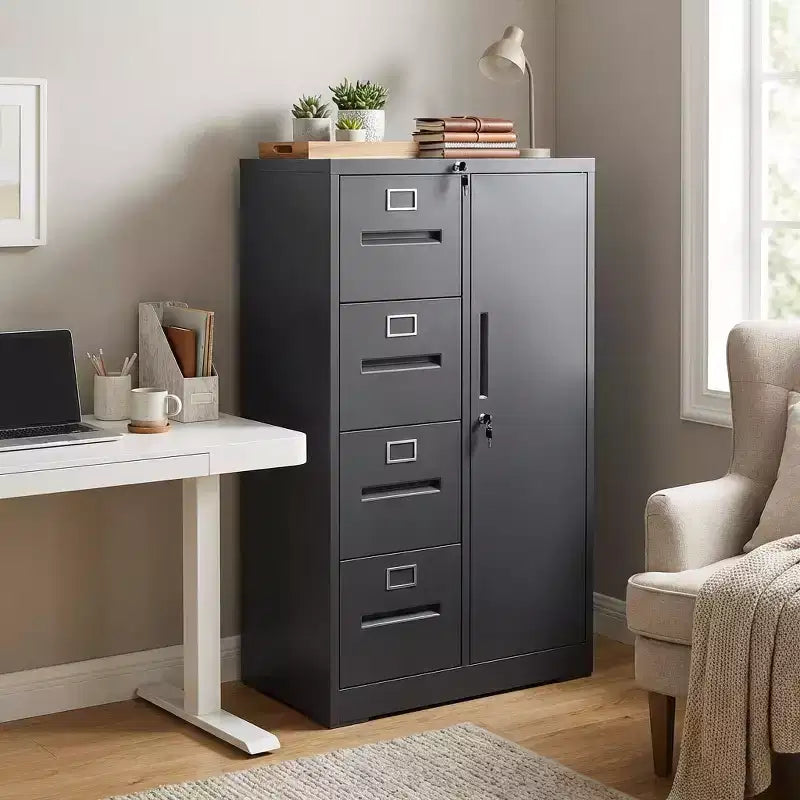 Armadio verticale in metallo con 4 cassetti e 1 anta con serratura, mobile archivio in acciaio nero per ufficio domestico/scuola/soggiorno