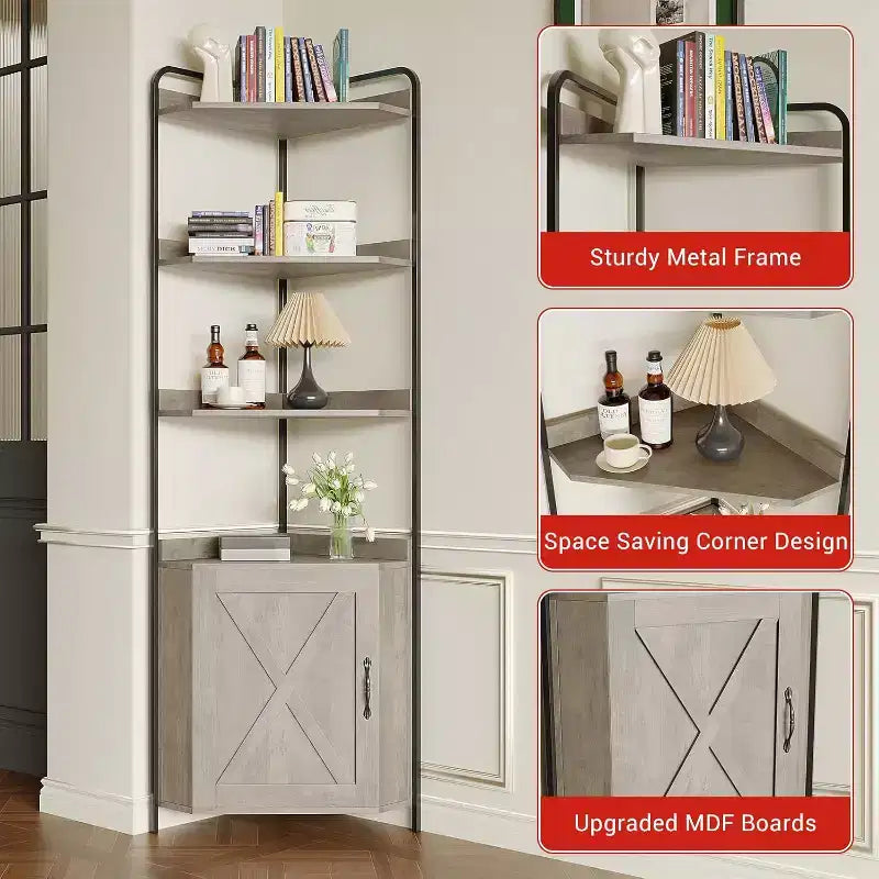 Hoekplank, boekenkast, staande plank, archiefplank, wandplank, 3 planken en opbergkast, MDF + metaal, Sonoma grijs, 60 x 42 x 180 cm