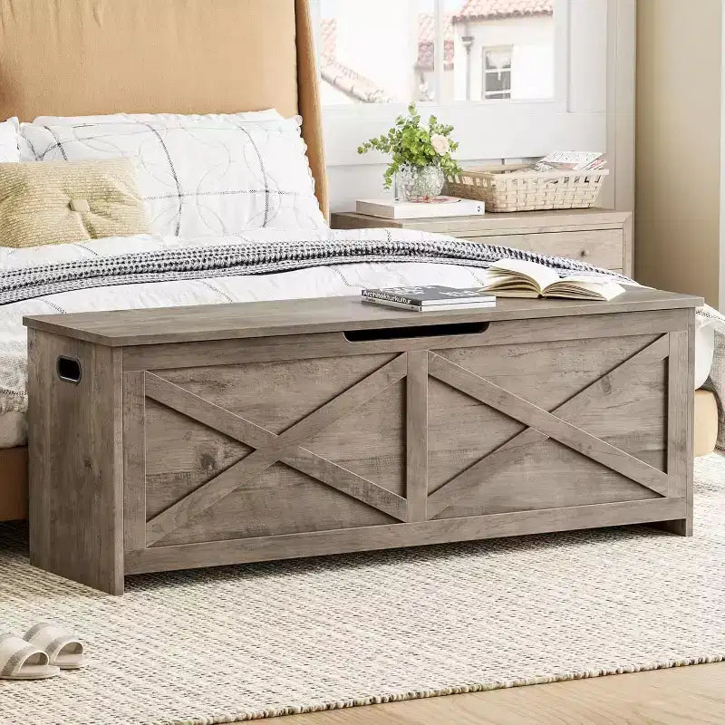 Storage Chest, Wooden Storage Bench with Safety Hinges, Easy Assembly, Large Shoe Bench for Entryway, Living Room, Bedroom