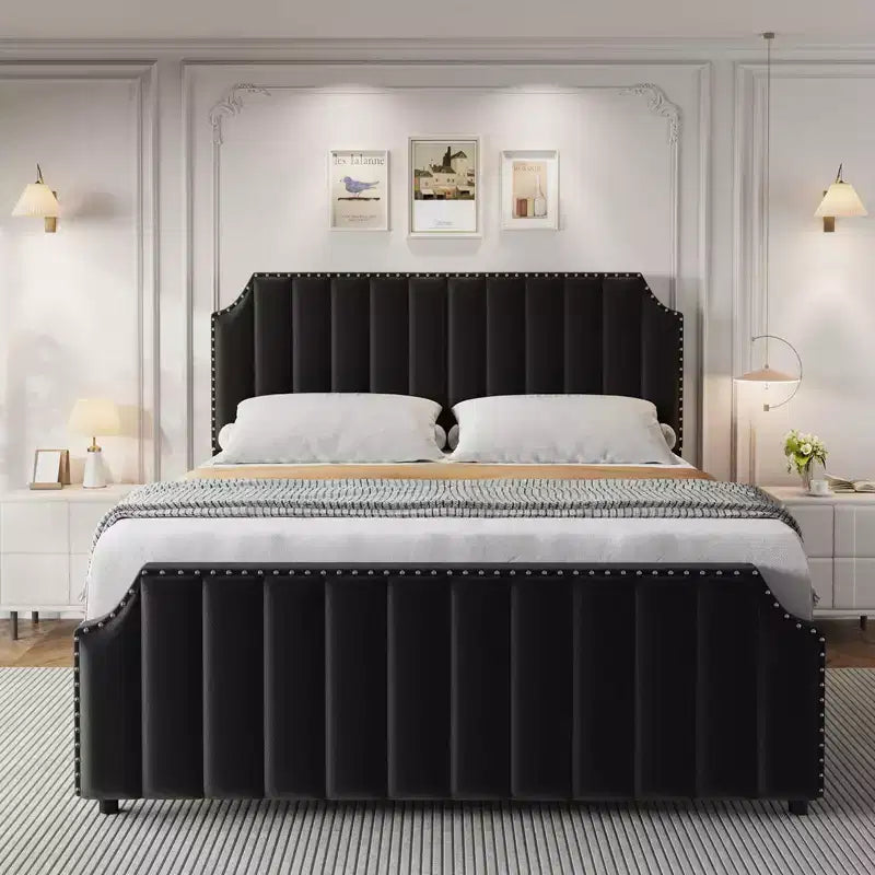Black Velvet Bed Frame  50.2 Channel Tufted Headboard, Upholstered Platform with Wooden Slats, No Box Spring Needed