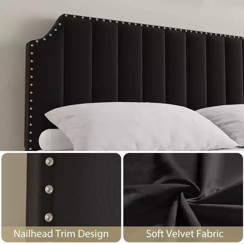 Black Velvet Bed Frame  50.2 Channel Tufted Headboard, Upholstered Platform with Wooden Slats, No Box Spring Needed