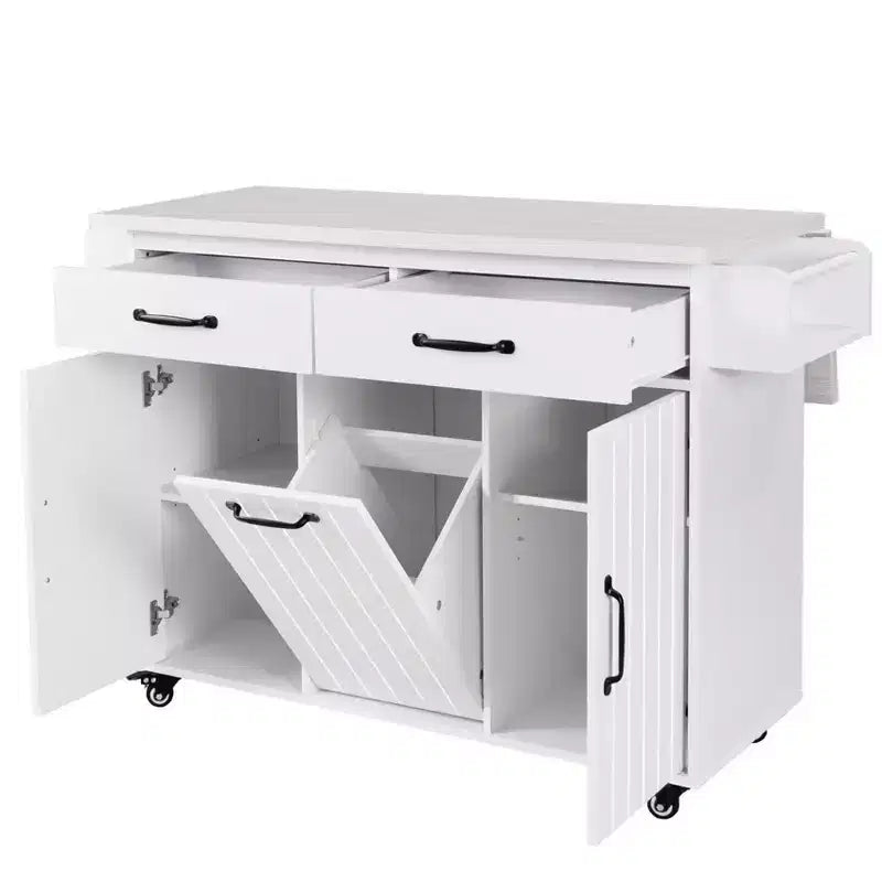 Carrello Isola da Cucina con Contenitore per Cestino, Piano Ribaltabile, Cassetto, Porta Spezie e Asciugamani, Ripiano Regolabile, Carrello da Cucina su Ruote, Bianco