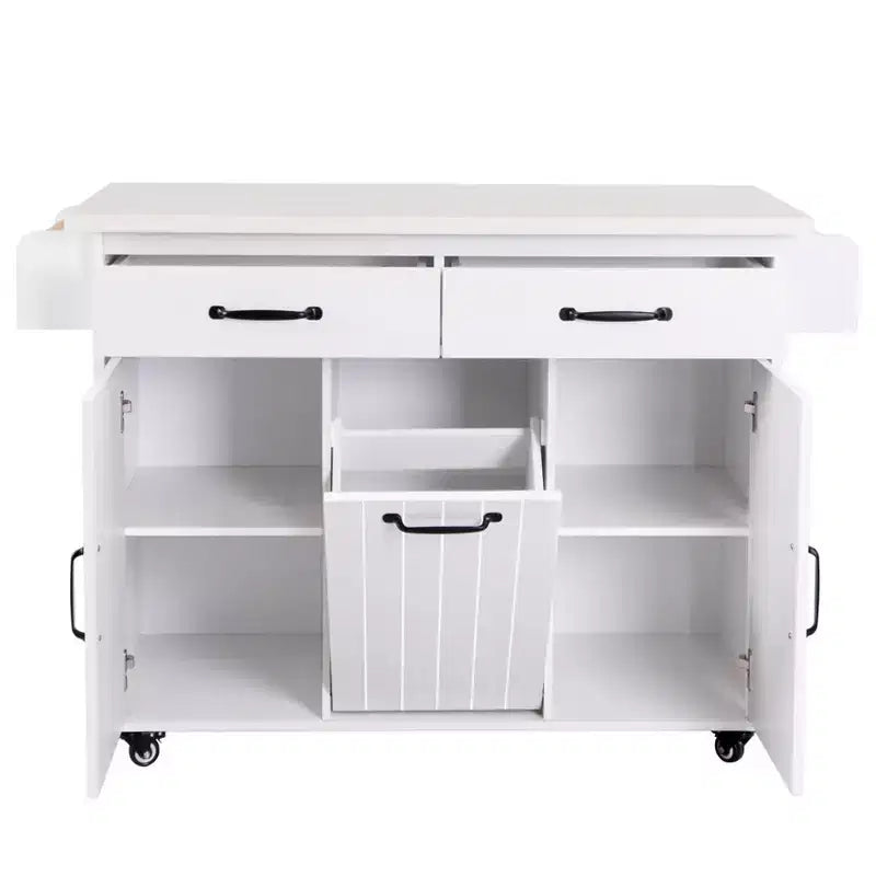 Carrello Isola da Cucina con Contenitore per Cestino, Piano Ribaltabile, Cassetto, Porta Spezie e Asciugamani, Ripiano Regolabile, Carrello da Cucina su Ruote, Bianco