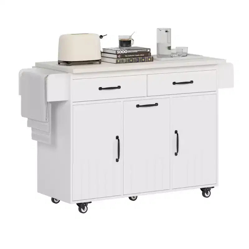 Carrello Isola da Cucina con Contenitore per Cestino, Piano Ribaltabile, Cassetto, Porta Spezie e Asciugamani, Ripiano Regolabile, Carrello da Cucina su Ruote, Bianco