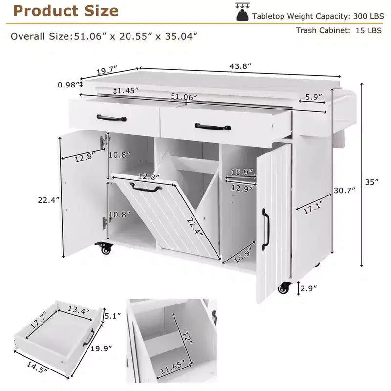Carrello Isola da Cucina con Contenitore per Cestino, Piano Ribaltabile, Cassetto, Porta Spezie e Asciugamani, Ripiano Regolabile, Carrello da Cucina su Ruote, Bianco