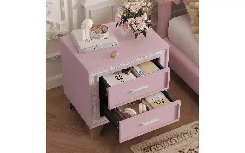 Table de chevet à 2 tiroirs rembourrée en velours, petite table d'appoint rustique-chic avec bande décorative pailletée argentée et pieds métalliques, table de nuit pour chambre