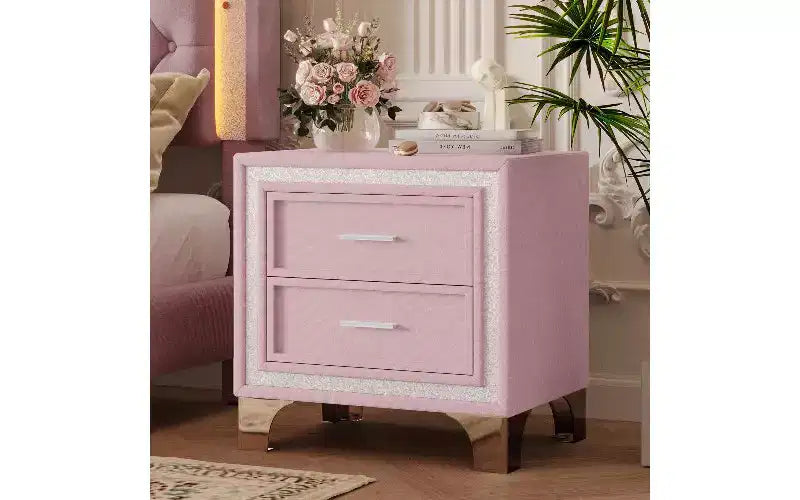 Table de chevet à 2 tiroirs rembourrée en velours, petite table d'appoint rustique-chic avec bande décorative pailletée argentée et pieds métalliques, table de nuit pour chambre
