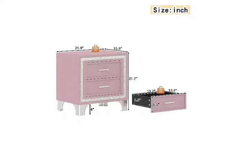 Table de chevet à 2 tiroirs rembourrée en velours, petite table d'appoint rustique-chic avec bande décorative pailletée argentée et pieds métalliques, table de nuit pour chambre