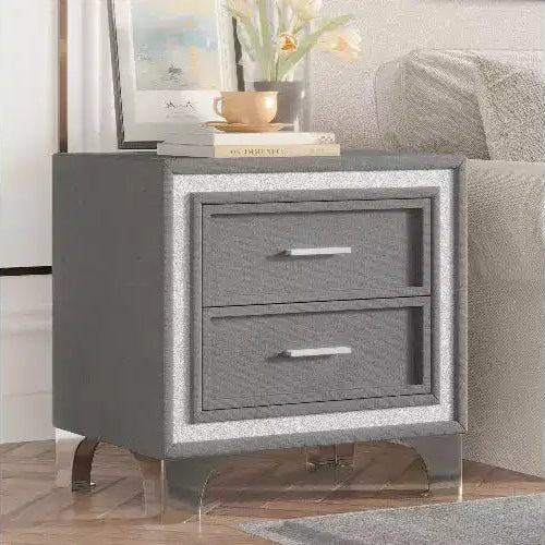 Comodino Imbottito in Velluto con 2 Cassetti, Tavolino Laterale Rustico-Chic con Decorazione a Striscia Glitter Argento e Gambe in Metallo, Tavolino da Camera