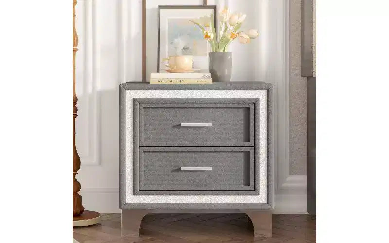 Comodino Imbottito in Velluto con 2 Cassetti, Tavolino Laterale Rustico-Chic con Decorazione a Striscia Glitter Argento e Gambe in Metallo, Tavolino da Camera
