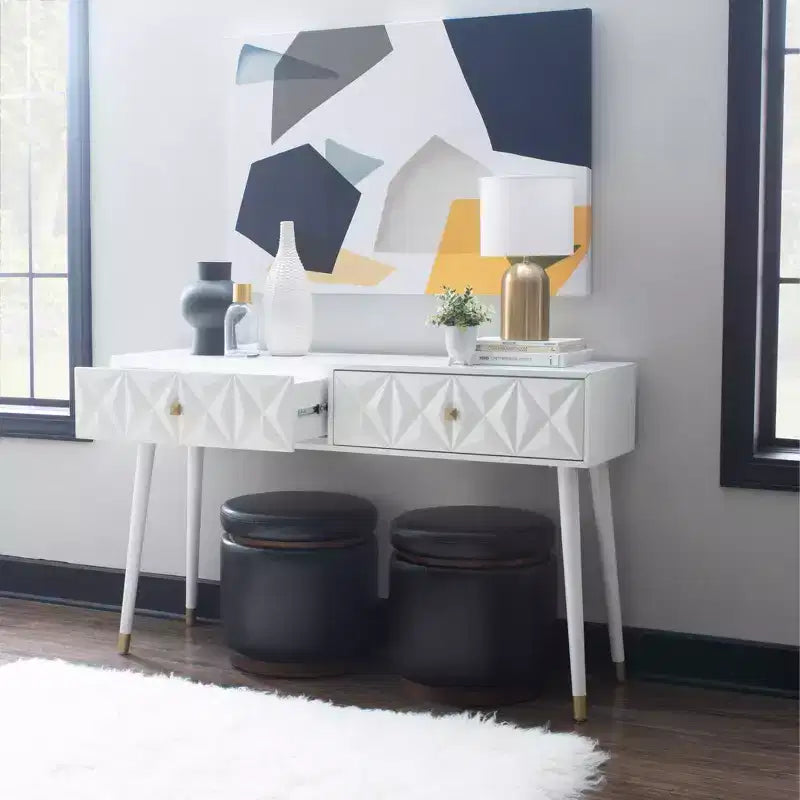 Tavolo consolle geometrico con 2 cassetti e pomelli dorati, bianco brillante, mobile stretto per ingresso