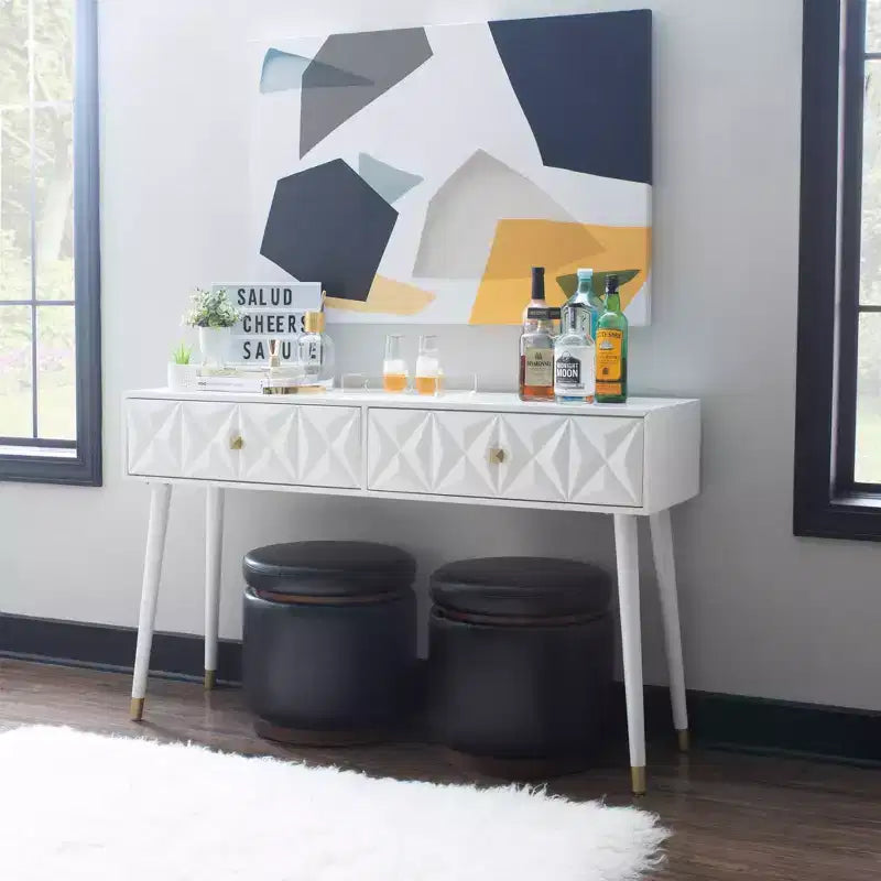 Tavolo consolle geometrico con 2 cassetti e pomelli dorati, bianco brillante, mobile stretto per ingresso