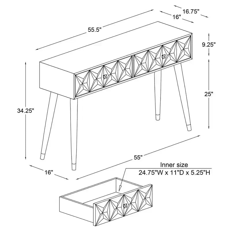 Tavolo consolle geometrico con 2 cassetti e pomelli dorati, bianco brillante, mobile stretto per ingresso
