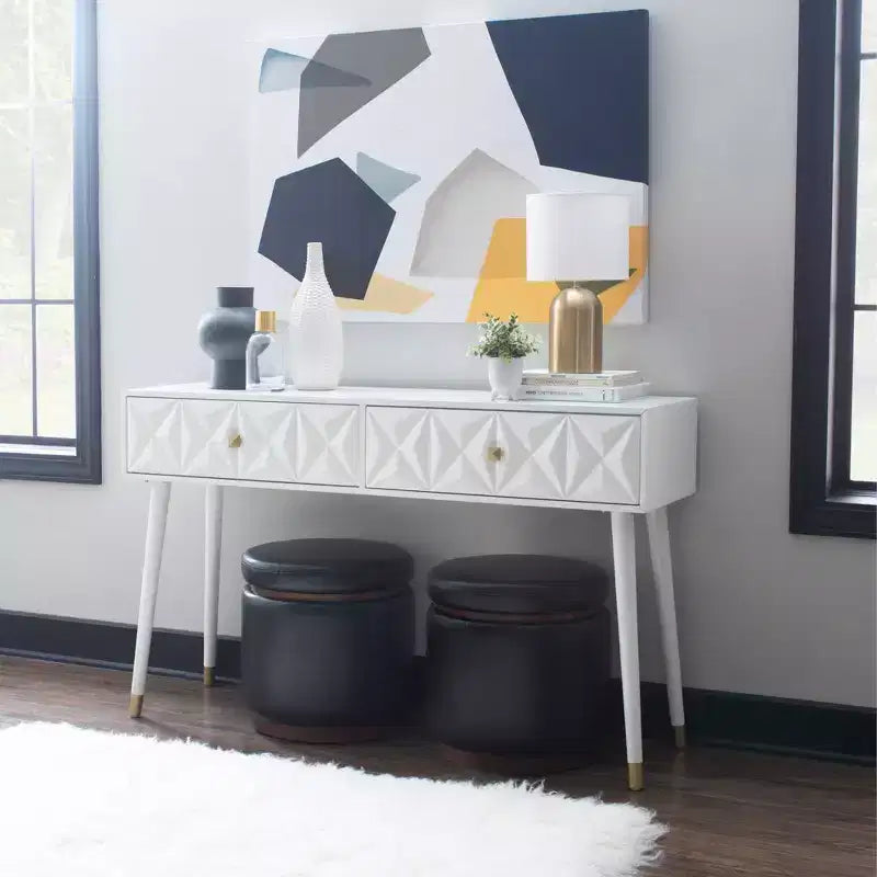 Table console géométrique avec 2 tiroirs et boutons dorés, blanc éclatant, rangement étroit pour entrée