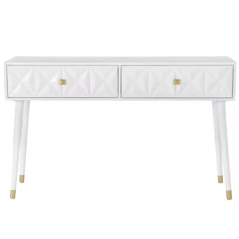 Table console géométrique avec 2 tiroirs et boutons dorés, blanc éclatant, rangement étroit pour entrée