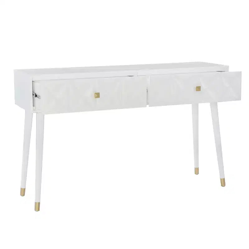 Tavolo consolle geometrico con 2 cassetti e pomelli dorati, bianco brillante, mobile stretto per ingresso