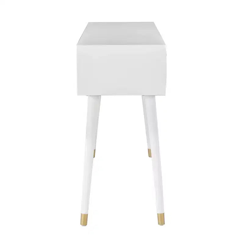Tavolo consolle geometrico con 2 cassetti e pomelli dorati, bianco brillante, mobile stretto per ingresso