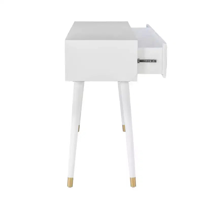 Tavolo consolle geometrico con 2 cassetti e pomelli dorati, bianco brillante, mobile stretto per ingresso