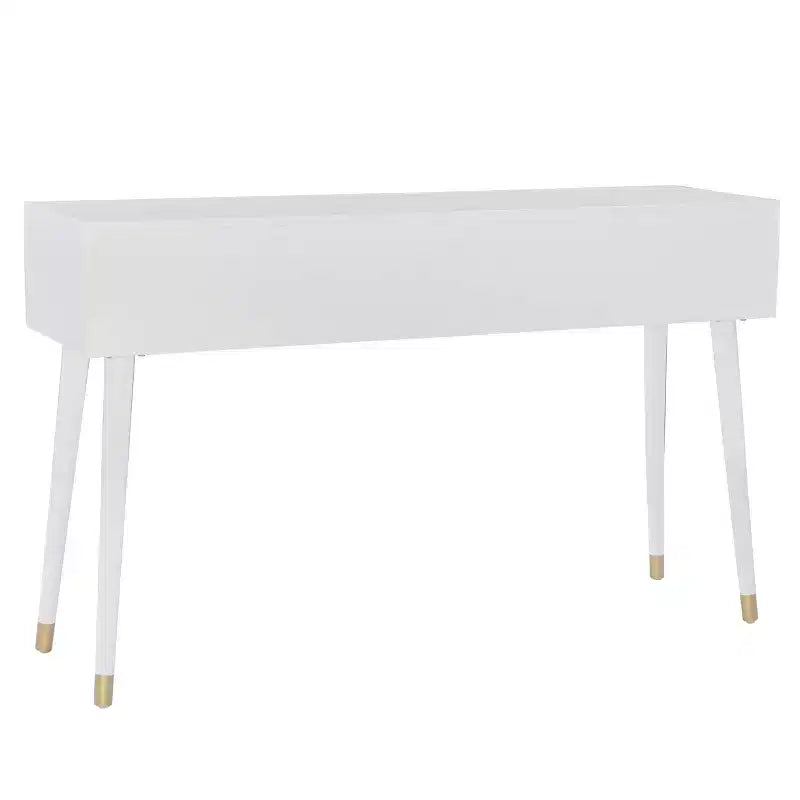 Tavolo consolle geometrico con 2 cassetti e pomelli dorati, bianco brillante, mobile stretto per ingresso