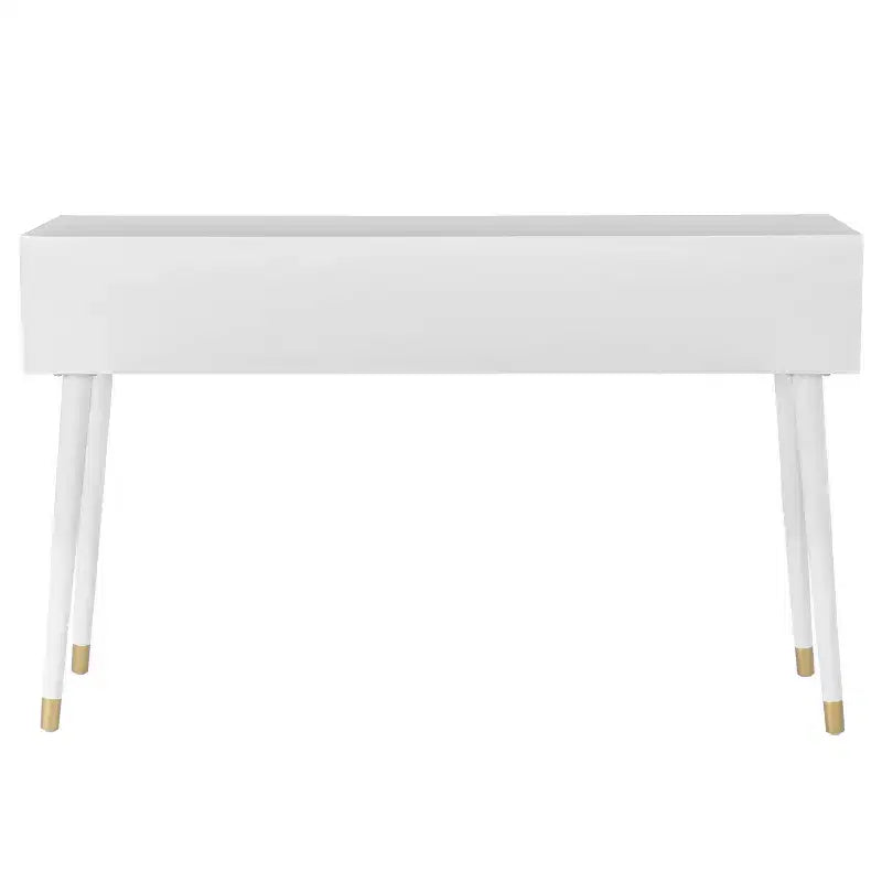 Tavolo consolle geometrico con 2 cassetti e pomelli dorati, bianco brillante, mobile stretto per ingresso