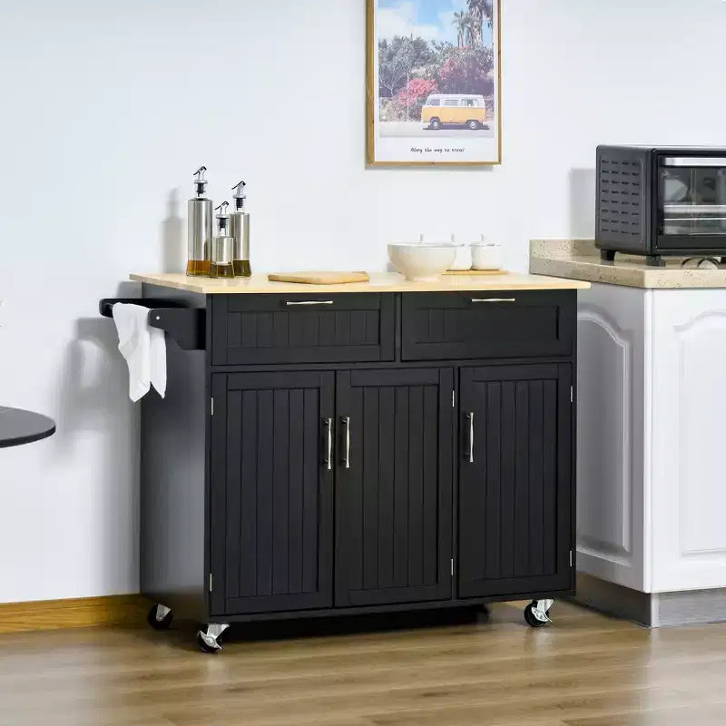 Carrello Isola Cucina Moderno su Ruote con Cassetti Contenitori, Carrello Utility Mobile con Ripiani Regolabili, Armadietti e Porta Asciugamani, Nero