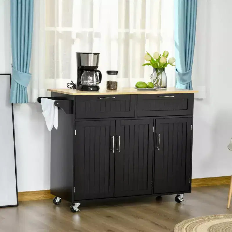 Carrello Isola Cucina Moderno su Ruote con Cassetti Contenitori, Carrello Utility Mobile con Ripiani Regolabili, Armadietti e Porta Asciugamani, Nero