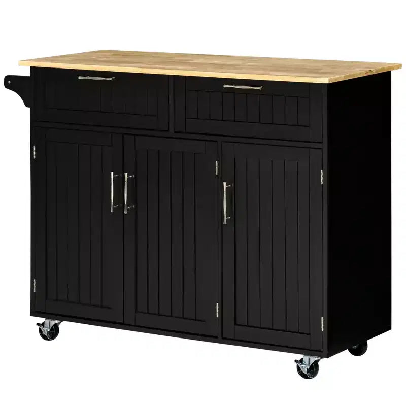 Carrello Isola Cucina Moderno su Ruote con Cassetti Contenitori, Carrello Utility Mobile con Ripiani Regolabili, Armadietti e Porta Asciugamani, Nero