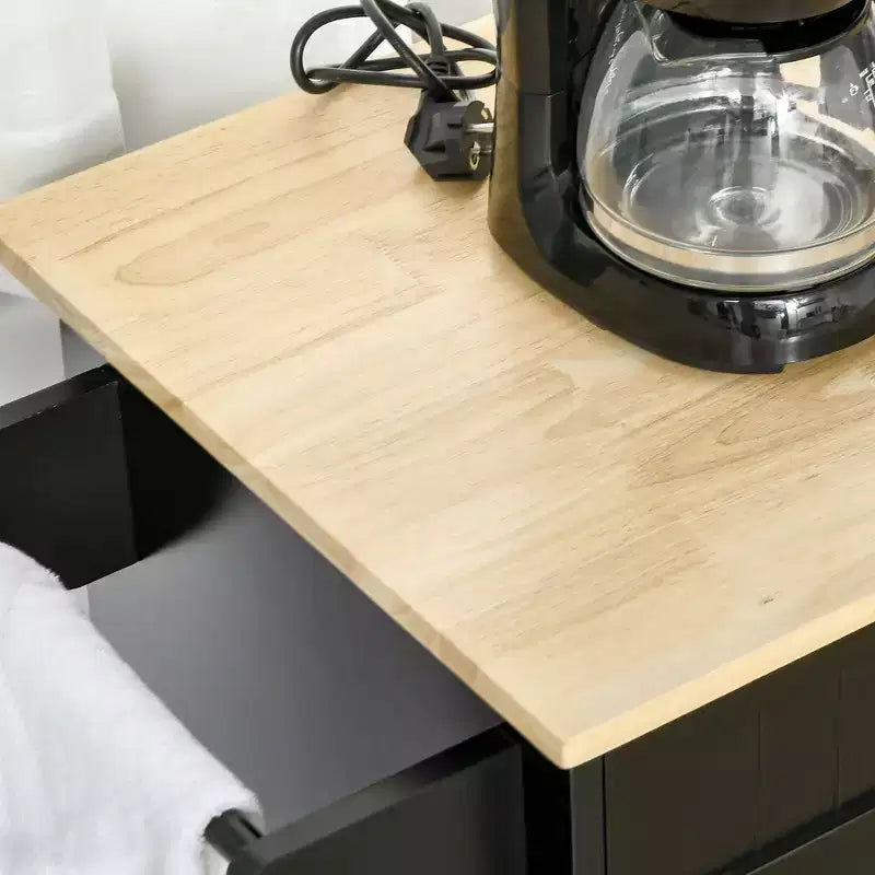 Carrello Isola Cucina Moderno su Ruote con Cassetti Contenitori, Carrello Utility Mobile con Ripiani Regolabili, Armadietti e Porta Asciugamani, Nero