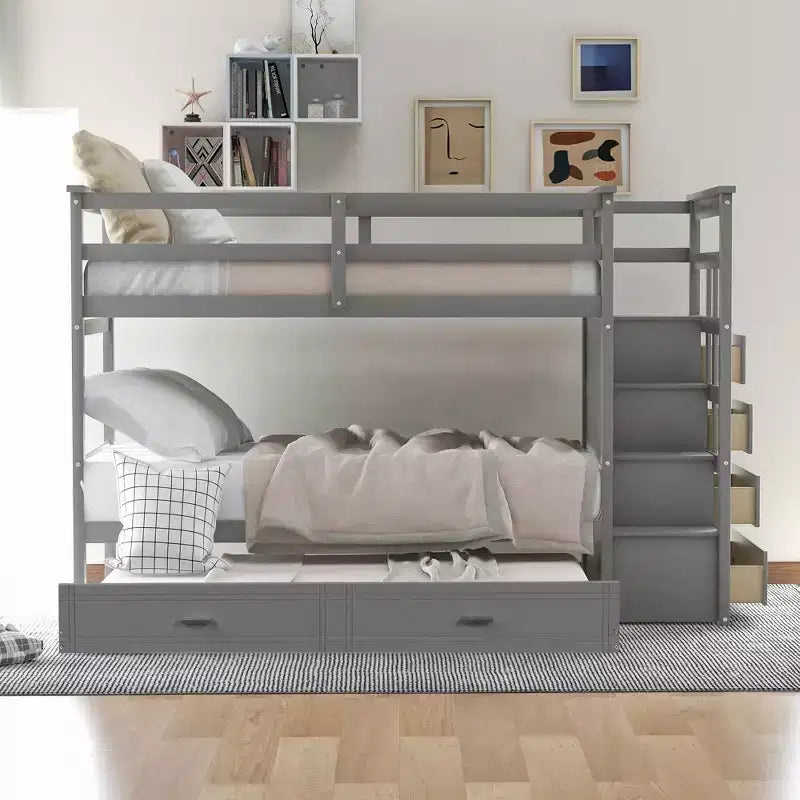 Letto a castello in legno con due letti singoli sovrapposti, 4 cassetti, letto estraibile e scala