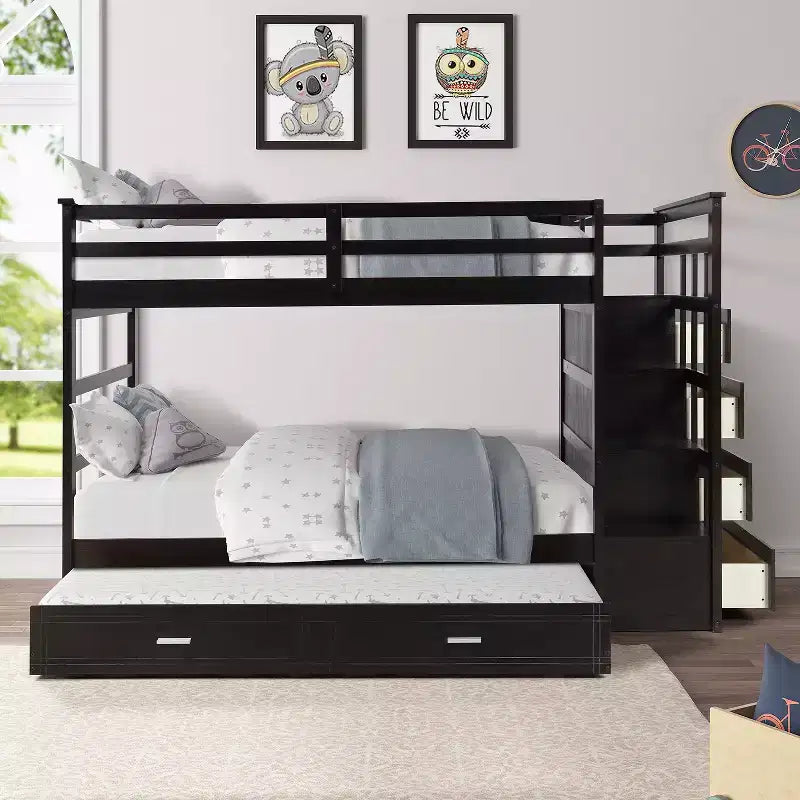 Twin Over Twin Wood Bunk Bed with 4 Drawers, Trundle and Staircase